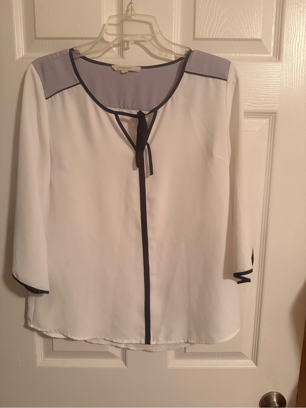 41 Hawthorn White Blouse with Light Gray Yoke and Black Trim